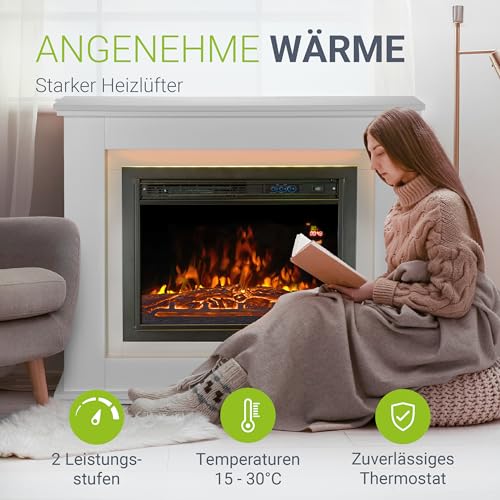 Juskys Elektrokamin 1000/2000 W mit Heizung, Kaminfeuer, Flammeneffekt, Fernbedienung, LED Beleuchtung & Timer - Elektrischer Kamin Standkamin weiß – Bild 3