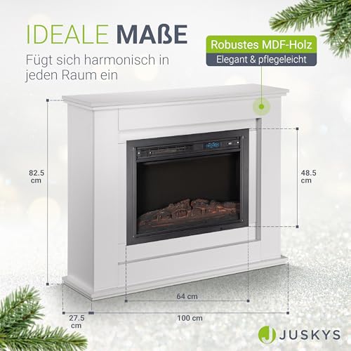 Juskys Elektrokamin 1000/2000 W mit Heizung, Kaminfeuer, Flammeneffekt, Fernbedienung, LED Beleuchtung & Timer - Elektrischer Kamin Standkamin weiß – Bild 4