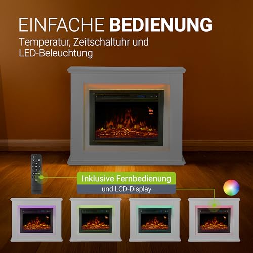 Juskys Elektrokamin 1000/2000 W mit Heizung, Kaminfeuer, Flammeneffekt, Fernbedienung, LED Beleuchtung & Timer - Elektrischer Kamin Standkamin weiß – Bild 6