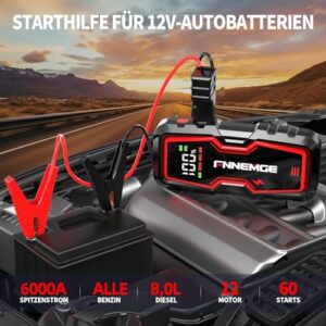 Alternative view of FNNEMGE Auto Starthilfe Powerbank, 6000A Spitzenstrom, Geeignet für 12V Auto Batterie (Alle Benzin und Bis Zu 8,0L Diesel), mit USB-Ladeausgang, LED-Licht, HD-Großbildschirm