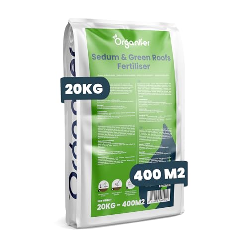 Dünger für Sedum und Dachbegrünung - 20 kg = 400 m2 - Langzeitdünger für Sedumdächer - Kräftiges Wachstum - Vorbeugung von kahlen Stellen - Mit Magnesium - NPK 9-2-7 - Organifer