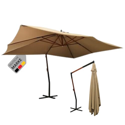 DELUKE® Ampelschirm rechteckig ROOT 400x300cm Taupe | UV-Schutz, Kippbar, 360 Grad drehbar | Sonnenschirm rechteckig Kurbelschirm Standschirm Sonnenschutz