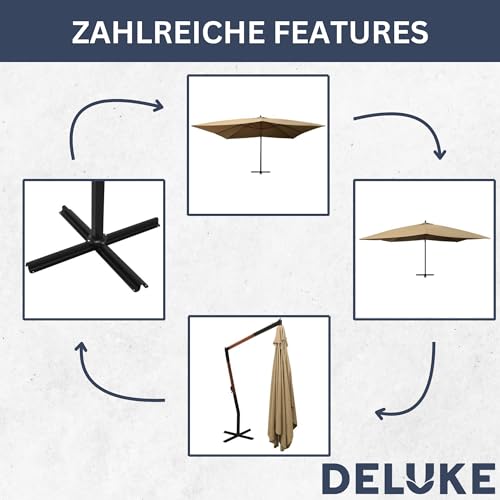 DELUKE® Ampelschirm rechteckig ROOT 400x300cm Taupe | UV-Schutz, Kippbar, 360 Grad drehbar | Sonnenschirm rechteckig Kurbelschirm Standschirm Sonnenschutz – Bild 3