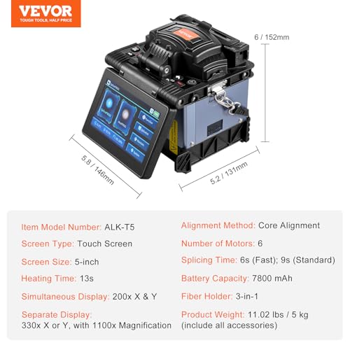 VEVOR Glasfaser-Schweißgerät mit 6 Motoren, Kernausrichtung, Spleißgerät, 6 s Spleißen & 13 s Aufheizen, Fusionsspleißgerät mit 5-Zoll-Touchscreen, 3-in-1-Faserhalter, 7800 mAh Akku für SM MM DS NZDS – Bild 7