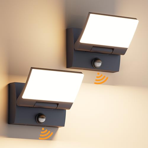 K-Bright Außenwandleuchte mit Bewegungsmelder, 2 Stück 30W Aussenlampe LED Wandleuchte Innen Außen Wandlampe mit Schwenkbar Panel, IP65 aussenlampe wand, 3000K Warmweiß für Eingang Terrasse(Anthrazit)