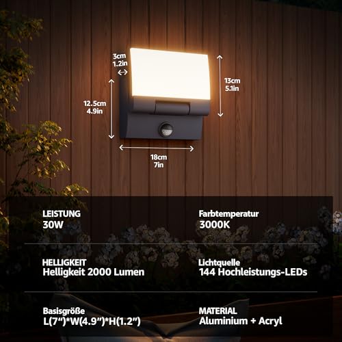 K-Bright Außenwandleuchte mit Bewegungsmelder, 2 Stück 30W Aussenlampe LED Wandleuchte Innen Außen Wandlampe mit Schwenkbar Panel, IP65 aussenlampe wand, 3000K Warmweiß für Eingang Terrasse(Anthrazit) – Bild 7