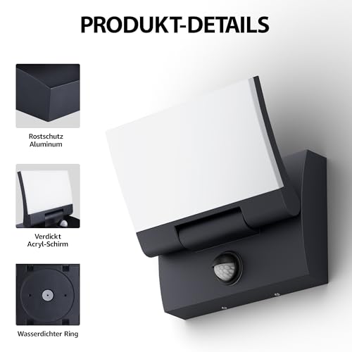 K-Bright Außenwandleuchte mit Bewegungsmelder, 2 Stück 30W Aussenlampe LED Wandleuchte Innen Außen Wandlampe mit Schwenkbar Panel, IP65 aussenlampe wand, 3000K Warmweiß für Eingang Terrasse(Anthrazit) – Bild 8