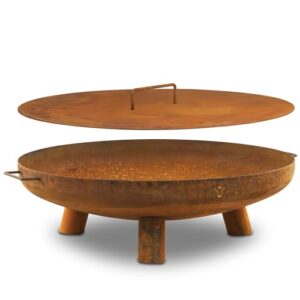 BBQ-Toro Edelstahl Ø 80 cm mit Deckel | Rostoptik | Outdoor Feuerstelle mit DREI Standbeinen und Zwei Griffen, Feuerschalen für den Garten, Brennschale, Garden Fire Pit, Fire Bowl, Feuerwanne