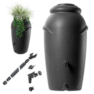 KADAX Regentonne aus Kunststoff 210 L, Regenwassertank mit Wasserhahn, Pflanzschale und Deckel, Dekorativer Regentank, Frostsicheres Regenfass