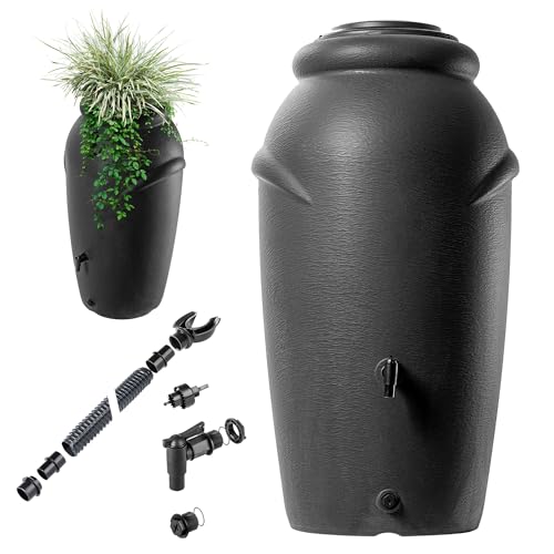 KADAX Regentonne aus Kunststoff 210 L, Regenwassertank mit Wasserhahn, Pflanzschale und Deckel, Dekorativer Regentank, Frostsicheres Regenfass