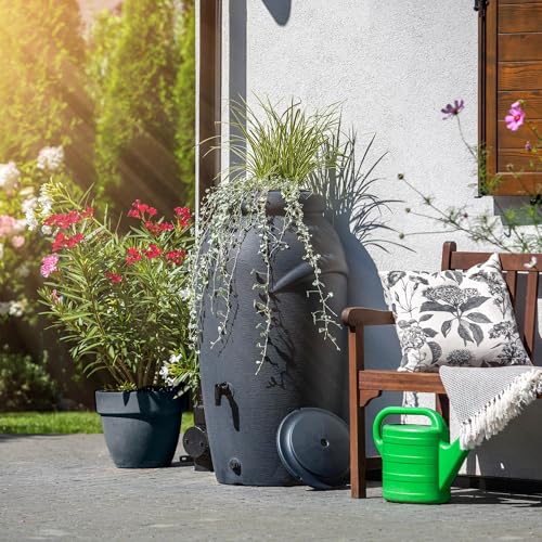 KADAX Regentonne aus Kunststoff 210 L, Regenwassertank mit Wasserhahn, Pflanzschale und Deckel, Dekorativer Regentank, Frostsicheres Regenfass – Bild 3