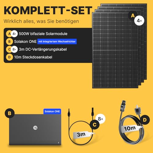 Solakon® 2000W Balkonkraftwerk mit Speicher - 2000 Watt komplett Steckdose & 800W Hybrid-Wechselrichter - Solaranlage Komplettset - 4x 500W PV-Module & 2,11 kWh ONE Speicher für Balkonkraftwerk – Bild 2