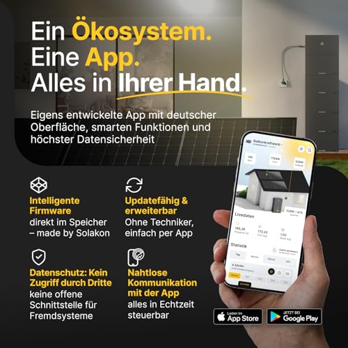 Solakon® 2000W Balkonkraftwerk mit Speicher - 2000 Watt komplett Steckdose & 800W Hybrid-Wechselrichter - Solaranlage Komplettset - 4x 500W PV-Module & 2,11 kWh ONE Speicher für Balkonkraftwerk – Bild 4