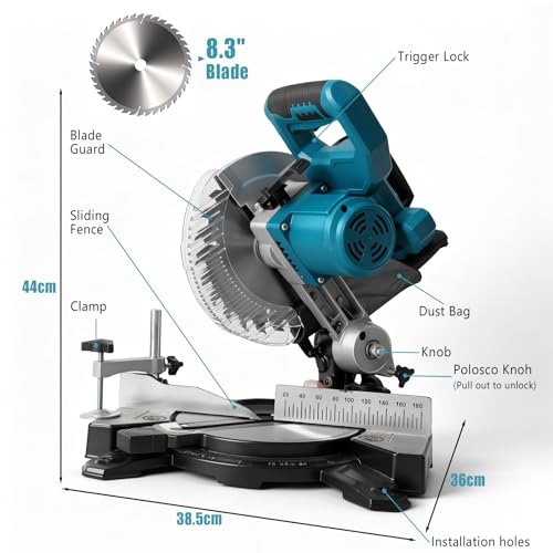 Roadtime Akku-Zug-Kapp-Gehrungssäge kompatibel mit Makita 18V Akkus (ohne Akku),Kappzugsäge 150W Leistung |Ø 210mm Sägeblatt Gehrungssäge,Beidseitig neigbarer Sägekopf,Kappsäge Metallsäge – Bild 7