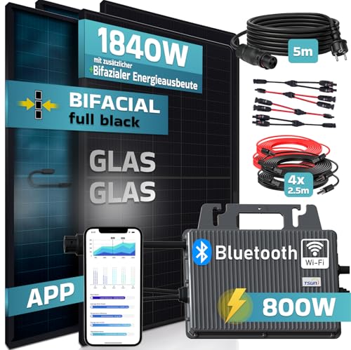 SUNNIVA® 1840W Balkonkraftwerk BIFAZIAL FULLBLACK komplett Steckdose TSUN 800W Wechselrichter, PV Solaranlage, 4x 460W Glas-Glas Solarmodule, inkl. 5m Kabel, Bluetooth WIFI, Komplettset – Bild 2