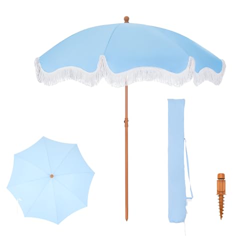 PHI VILLA Sonnenschirm Balkon Sonnenschutz 200 cm Knickbar Rund mit Fransen, Boho Strandschirm Garten Windbeständig Sonnenschirme Balkonschirm mit Erdspieß für Terrasse, UPF 50 , Himmelblau