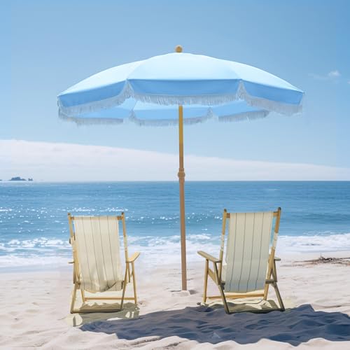 PHI VILLA Sonnenschirm Balkon Sonnenschutz 200 cm Knickbar Rund mit Fransen, Boho Strandschirm Garten Windbeständig Sonnenschirme Balkonschirm mit Erdspieß für Terrasse, UPF 50 , Himmelblau – Bild 2