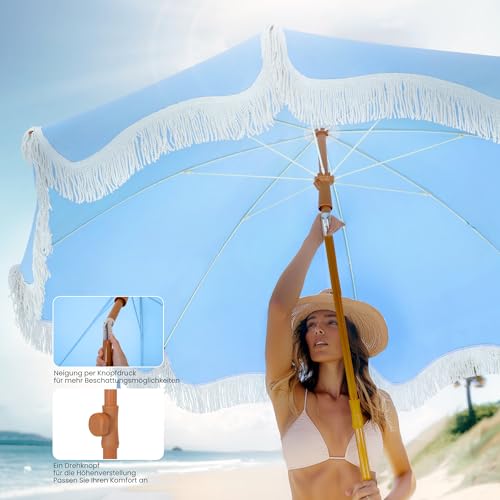 PHI VILLA Sonnenschirm Balkon Sonnenschutz 200 cm Knickbar Rund mit Fransen, Boho Strandschirm Garten Windbeständig Sonnenschirme Balkonschirm mit Erdspieß für Terrasse, UPF 50 , Himmelblau – Bild 4