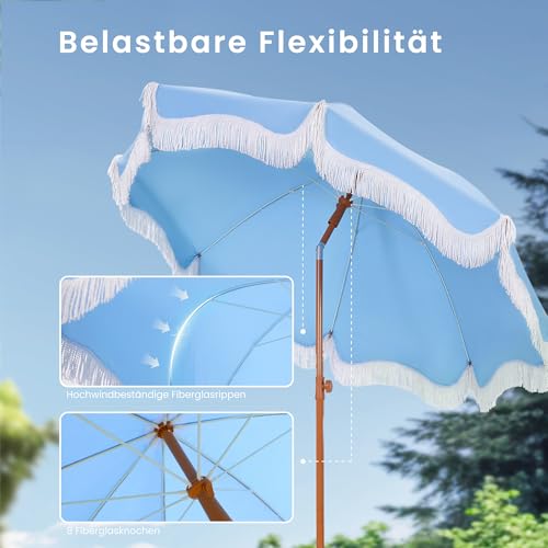 PHI VILLA Sonnenschirm Balkon Sonnenschutz 200 cm Knickbar Rund mit Fransen, Boho Strandschirm Garten Windbeständig Sonnenschirme Balkonschirm mit Erdspieß für Terrasse, UPF 50 , Himmelblau – Bild 7