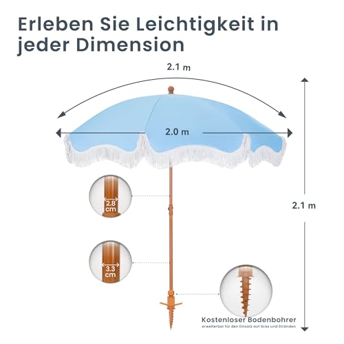 PHI VILLA Sonnenschirm Balkon Sonnenschutz 200 cm Knickbar Rund mit Fransen, Boho Strandschirm Garten Windbeständig Sonnenschirme Balkonschirm mit Erdspieß für Terrasse, UPF 50 , Himmelblau – Bild 8