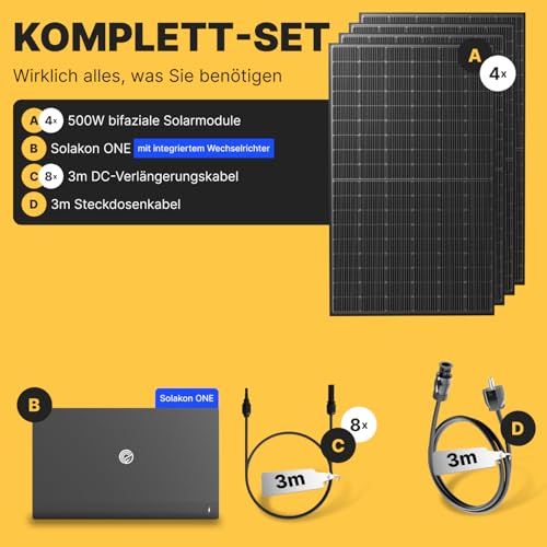 Solakon® 2000W Balkonkraftwerk mit Speicher - Balkonkraftwerk 2000W komplett Steckdose - 800W Integrierten Hybrid-Wechselrichter - Solakon ONE mit 2,11 kWh - 4X 500W bifaziale Solarmodule – Bild 2
