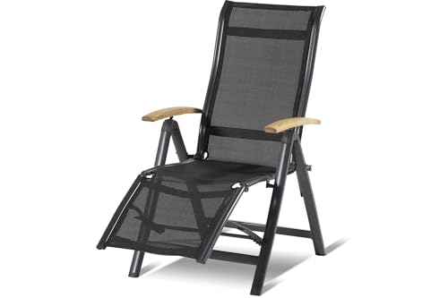Hartman Alice Relaxsessel in edlem Xerix-Black, solides Aluminiumgestell, Liegefläche aus hochwertigem Textilen, 95 x 60 x 111 cm, Kopfteil verstellbar, Teakholz-Armlehnen, Bodenschoner, wetterfest