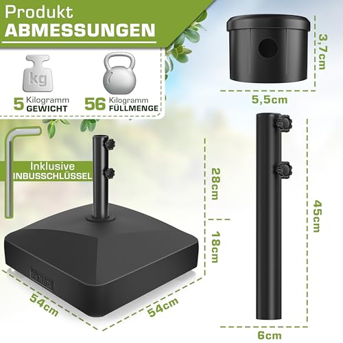tillvex® Sonnenschirmständer mit Rollen & Bremsen | Schirmständer befüllbar 37 Liter / 56 kg | Schirmgewicht Sonnenschirm & Marktschirm Ø 1,8-3,7m | Ampelschirmständer wetterfest (Schwarz) – Bild 2