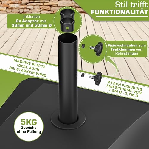 tillvex® Sonnenschirmständer mit Rollen & Bremsen | Schirmständer befüllbar 37 Liter / 56 kg | Schirmgewicht Sonnenschirm & Marktschirm Ø 1,8-3,7m | Ampelschirmständer wetterfest (Schwarz) – Bild 6