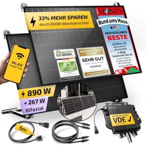 Solakon 900W Balkonkraftwerk mit Halterung (Balkon) - Balkonkraftwerk 800W komplett Steckdose - 800 Watt Wechselrichter - Solaranlage Komplettset - 450W bifaziale Solarmodule inkl. Zubehör - 5m Kabel