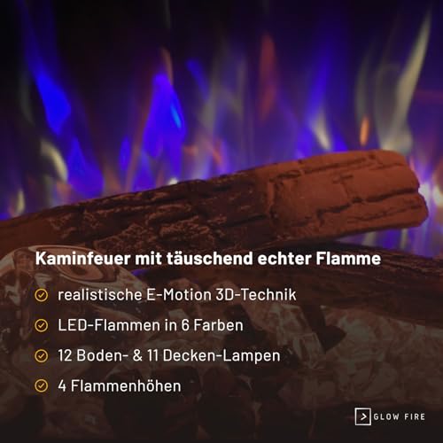 GLOW FIRE Elektrokamin LED E-Motion 3D 33 (Elektrokamineinsatz) - elektrischer Kamin mit Heizung, Multicolor-LEDs & Fernbedienung - Kamineinsatz zum Einbau, 1.500 W, 83,5 x 56,1 x 31,7 cm, Schwarz – Bild 2