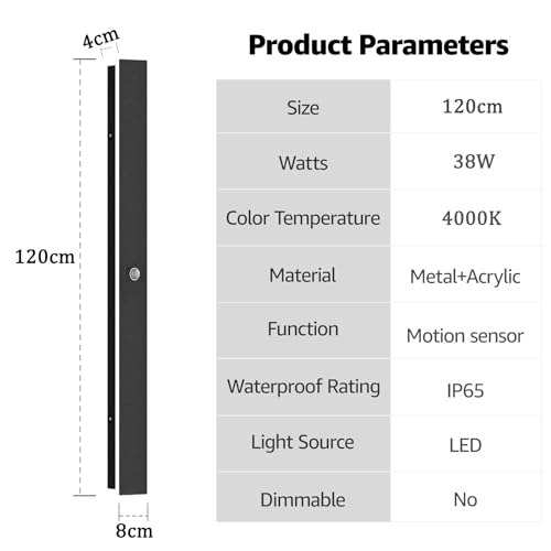 ANKBOY 120CM Wandleuchte Aussen Bewegungsmelder Lange Außenleuchte mit Bewegungsmelder Außen Modern Schwarze Aussenleuchte Wand Außenwandleuchte LED Wasserdicht für Gärten Garage, 38W/4000K Naturweiß – Bild 3