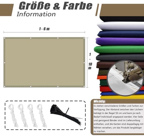 MENGH Stoff für Sonnensegel,Balkonbespannung mit ösen,Wasserdicht markisenstoff,Terrasse überdachung Balkon Zaunblende SichtschutzDeko für Balkongeländer, Terrasse & Garten Khaki 1.6x3.6m – Bild 6