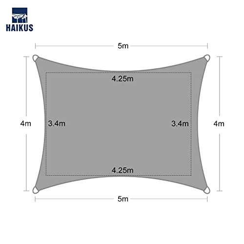 HAIKUS Sonnensegel 4x5 m Rechteckig, Premium HDPE UV Schutz Sonnenschutz Atmungsaktiv Wetterbeständig für Garten Balkon und Terrasse, inkl Befestigungsseile, Rechteck 4x5m Hellgrau – Bild 4