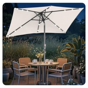 ISOISL Sonnenschirm LED Solar 140x210CM Kurbel-Schirm Rechteckig Gartenschirm Terrassenschirm knickbar Sonnenschirme ohne Ständer Kippbar Großschirm für Balkon,Terrasse,Garten,Beige