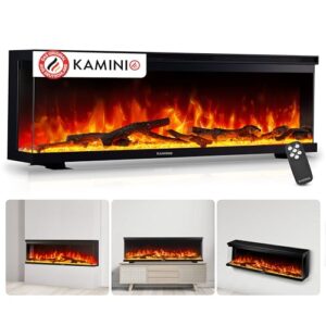 KAMINIO Elektrokamin LEA - Elektrischer 3-in-1 Kamin mit Panoramaview, Heizung, 3D-Flammeneffekt, 12 Flammenfarben, Fernbedienung (60 Zoll)