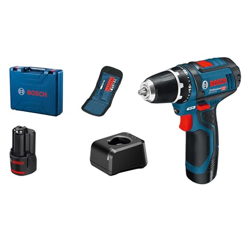 Bosch Professional 12V System Akku Bohrschrauber GSR 12V-15 (inkl. 2x 2.0Ah Akku, Ladegerät GAL 12V-20, 10-tlg.-Zubehör-Set, Handwerkoffer)