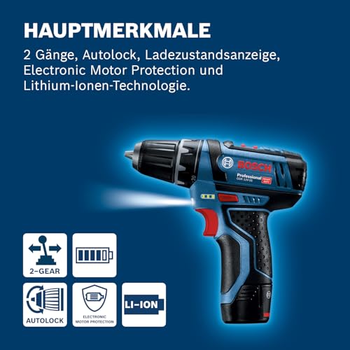 Bosch Professional 12V System Akku Bohrschrauber GSR 12V-15 (inkl. 2x 2.0Ah Akku, Ladegerät GAL 12V-20, 10-tlg.-Zubehör-Set, Handwerkoffer) – Bild 4