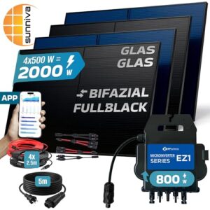 Alternative view of SUNNIVA® 2000W Balkonkraftwerk BIFAZIAL FULLBLACK komplett Steckdose AP Systems EZ1-M 800W Wechselrichter, Solaranlage Komplettset,4x 500W N Glas-Glas Bifacial Solarmodule,5m Kabel,4x 2.5m Solarkabel