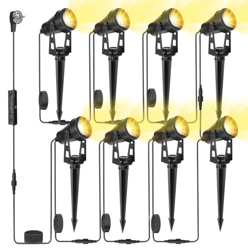 HUAEU Gartenstrahler LED Außen Wasserdicht, 26 Meter 8-in-1 Bodenstrahler, 3000K Warmweiß, 12V IP65, Gartenbeleuchtung mit Strom, mit Stecker für Terrasse, Gartenweg, Party, Bäume, Rasen, Erdspieß