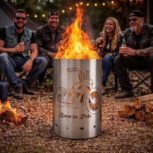 TiKo-Design® Feuertonne „Born to Ride“ mit Chopper-Motiv – Massive Stahl-Feuerstelle für echte Biker, hart im Look, stark im Feuer, perfekt für Garage, Garten & Bikertreffen
