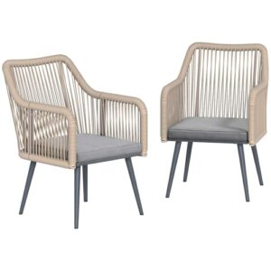 Outsunny Set mit 2 Gartenstühlen aus Rattan für den Außenbereich, Terrassenstühle mit Kissen, Armlehnen und Stahlrahmen, wetterfest, für Balkon, Terrasse, 54 x 65 x 80 cm, hellgrau