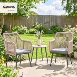 Alternative view of Outsunny Set mit 2 Gartenstühlen aus Rattan für den Außenbereich, Terrassenstühle mit Kissen, Armlehnen und Stahlrahmen, wetterfest, für Balkon, Terrasse, 54 x 65 x 80 cm, hellgrau