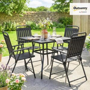 Alternative view of Outsunny Klappbare Gartenstühle, 4er-Set, Garten-Esszimmerstühle mit Sitzfläche und Rückenlehne aus Kunststofflatten, tragbares Klappstuhl-Set mit Armlehnen und Stahlgestell für den Außenbereich,