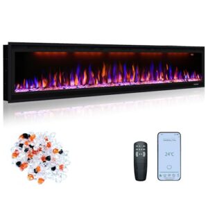 Oxhark Flame Elektrischer Kamin, schmaler Einbaukamin mit Fernbedienung, mehrfarbige Flammeneffekte mit realistischen Holzscheiten, Thermostat mit Timer, 750/1500 W, 188 cm, Schwarz