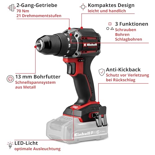 Einhell Professional Akku-Schlagbohrschrauber TP-CD 18/70-C Li-i BL - Solo Power X-Change (18 V, Brushless, 70 Nm, Anti-Kickback, 13 mm Bohrfutter, 2-Gang, ohne Akku) – Bild 3