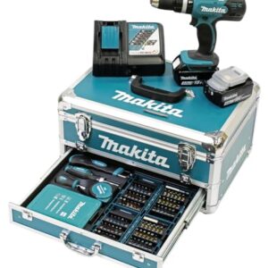 Makita DHP453RFX2 Akku-Schlagbohrschrauber 18 V / 3,0 Ah im Alukoffer 96tlg. Zubehör-Set, Blau/Silber