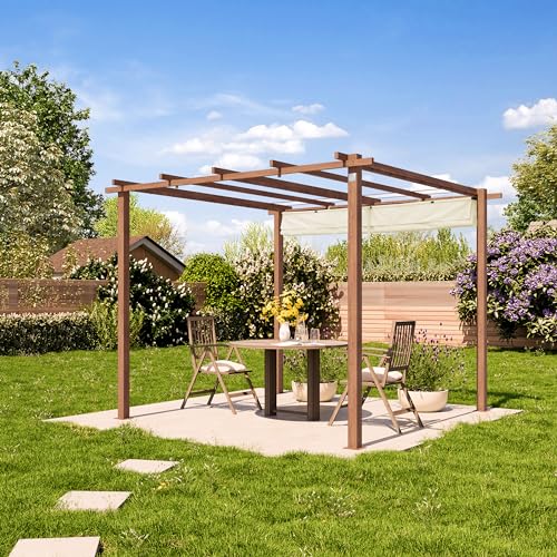 PRIMEYARD Pergola 3x3 m Terrassenüberdachung mit Schiebedach Stahlrahmen in Holzoptik – Bild 2
