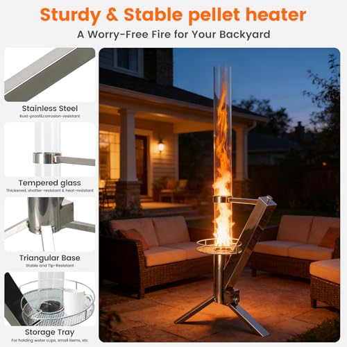 Pelletheizung 50 Zoll Terrassenheizungen für den Außenbereich Edelstahl Holzpellet Terrassenstrahler Moderne Flammenbeobachtung Erlebnis Pellet Feuerstelle für Innenhöfe, Terrassen, Camping – Bild 3