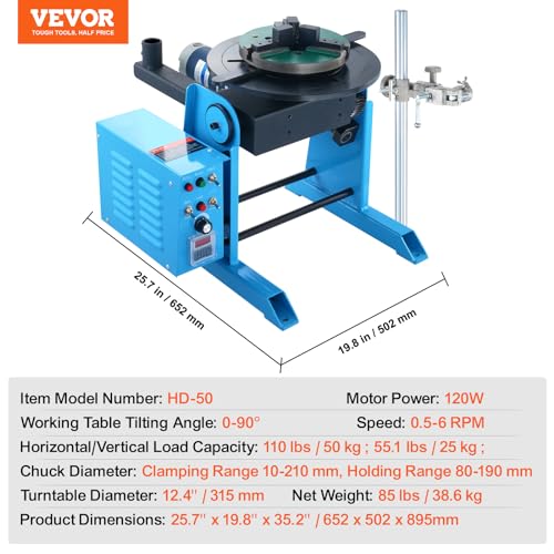 VEVOR Schweißdrehtisch 120 W Schweißpositionierer 0,5–6U/min Manipulator 25 kg(Horizontal)/50 kg(vertikal) Drehtisch 0–90° Neigungswinkel KD200-Dreibackenfutter zum Schneiden, Schleifen, Montieren – Bild 7