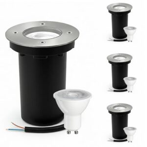 JNR 4er Set Bodenstrahler Außen GU10 IP67 Wasserdicht mit LED 5W 3000K Warmweiß, Bodeneinbaustrahler Aussen 230V Bodenleuchten Außen, Silber